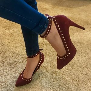 Studded Burgundy Suede Pointed Pumps